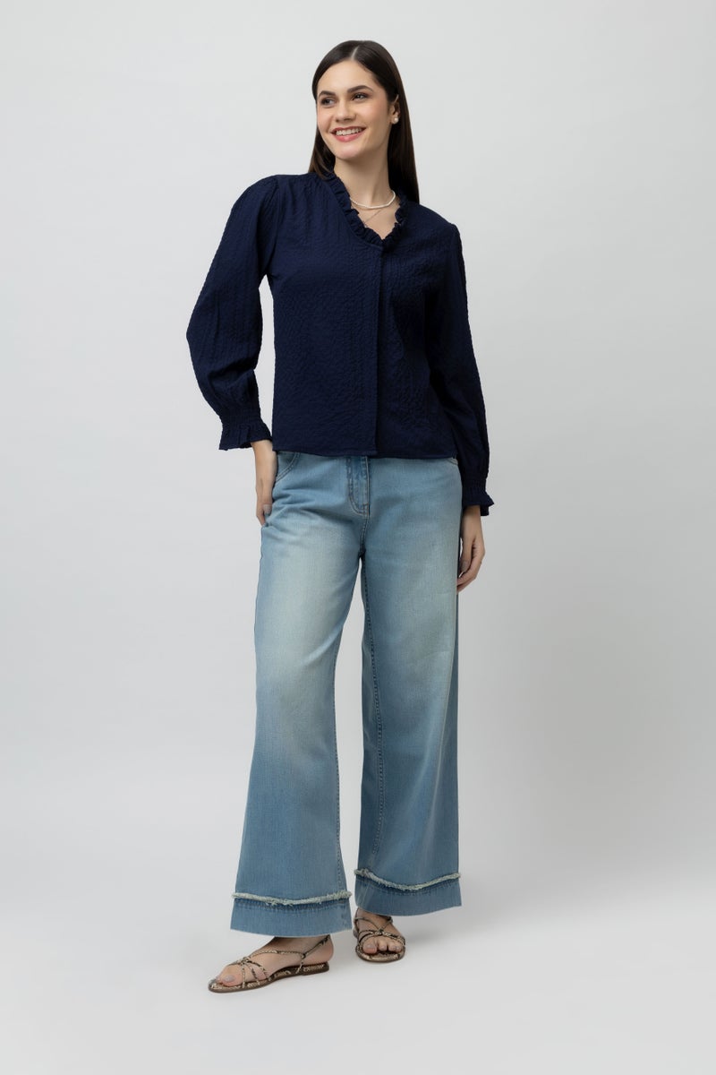 7OUNCE Women's Blue V-Neck Top with Ruffle Detail - Image 1
